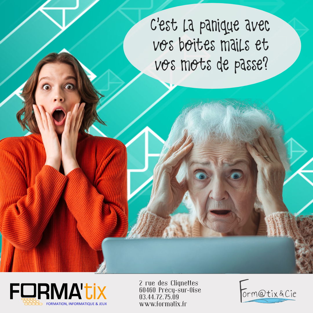 Affiche pour le cours d'informatique au magasin FORMATIX : comprendre boite mail et mots de passe